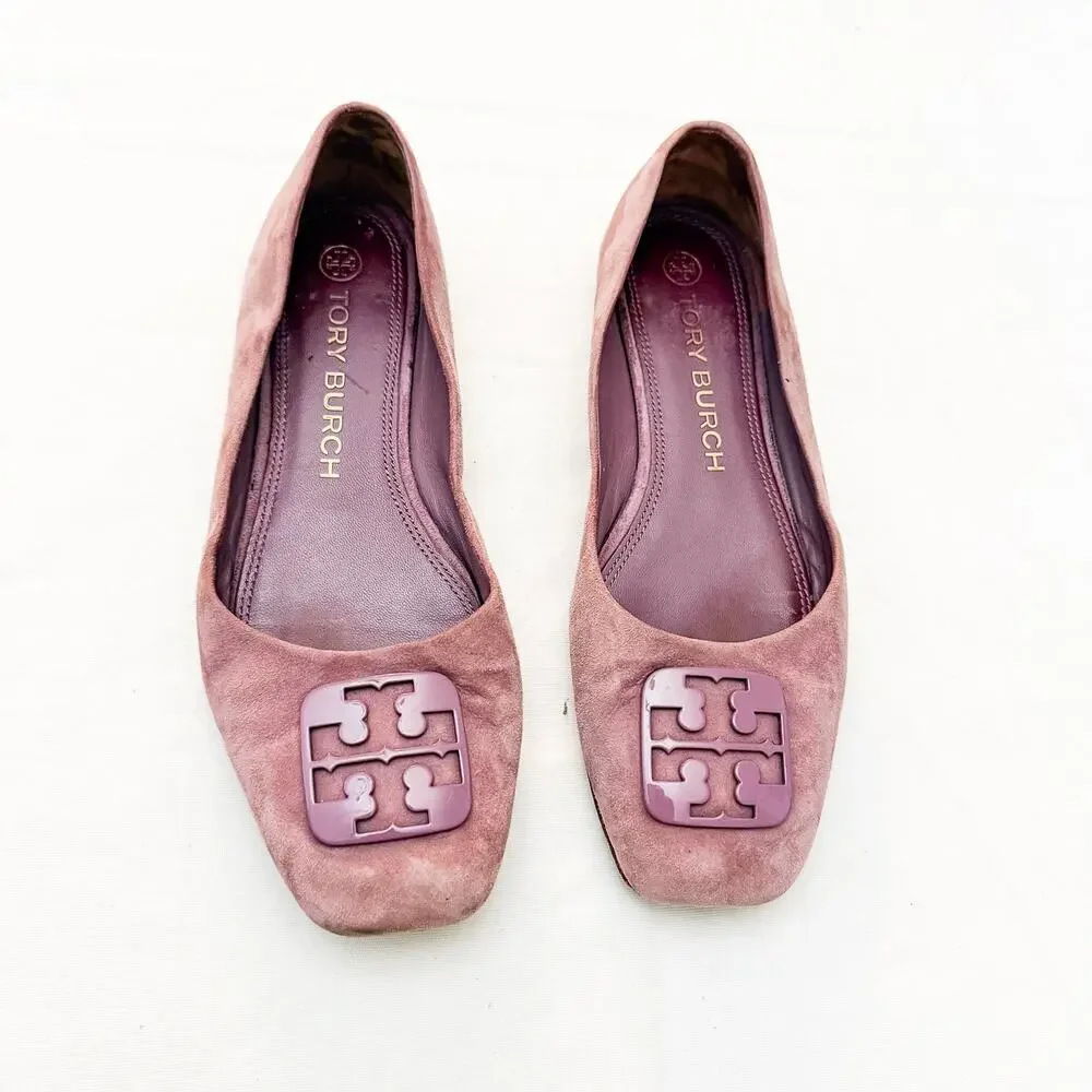 Tory Burch Cipria Color Suede Logo Square Toe Flats Lavender Purple Size 9.5
